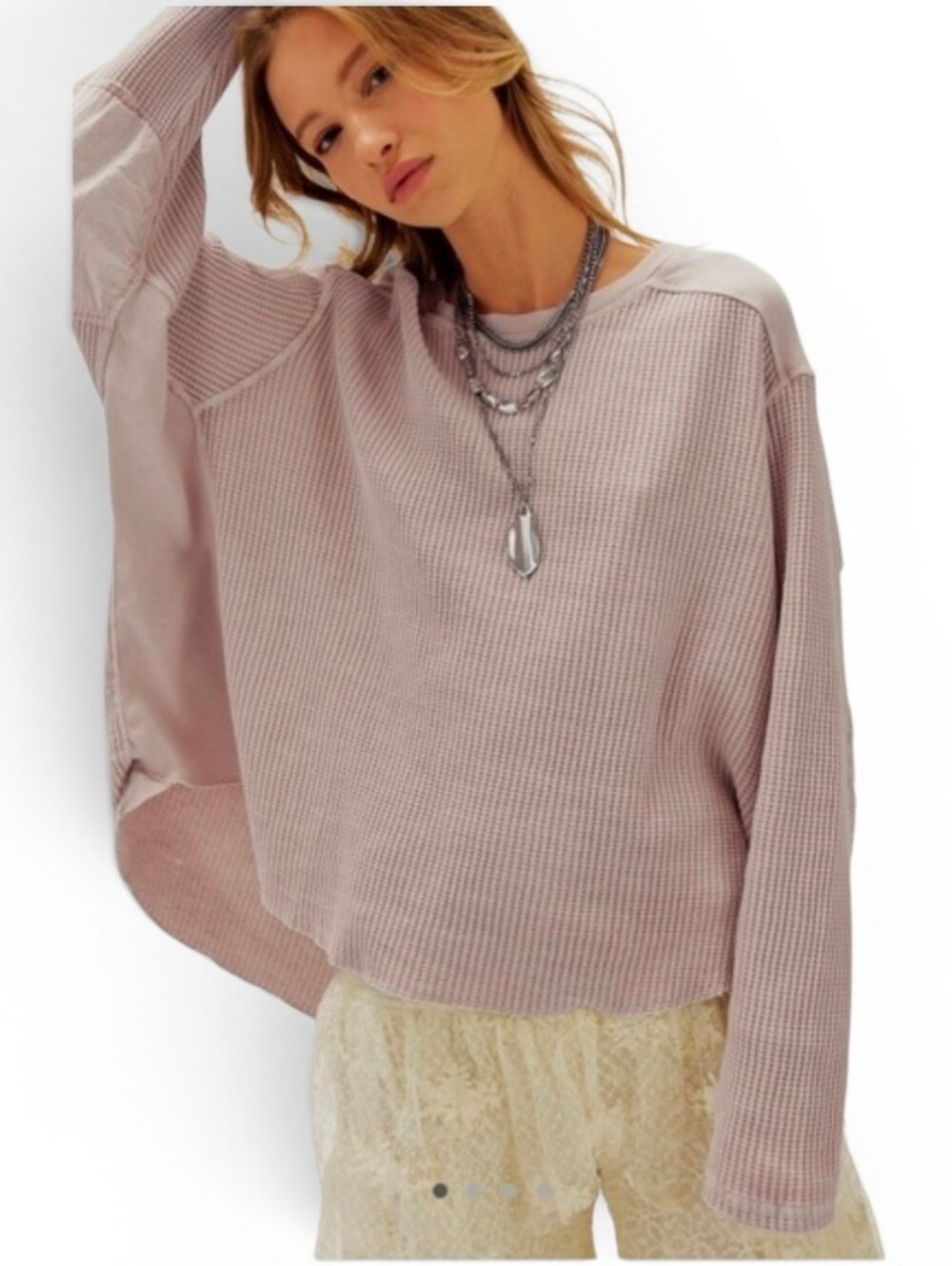 Free People Blush Pink Waffle-Knit Longsleeve Pullover